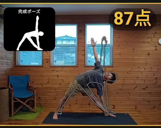 ヨガポーズチェッカーの画面。三角のポーズを採点して、点数が上がっていく様子